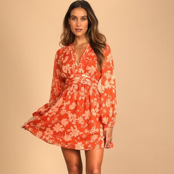 Lulus Gleaming Garden Rust Orange Floral Print Long Sleeve Mini Dress - Size L - Picture 1 of 5